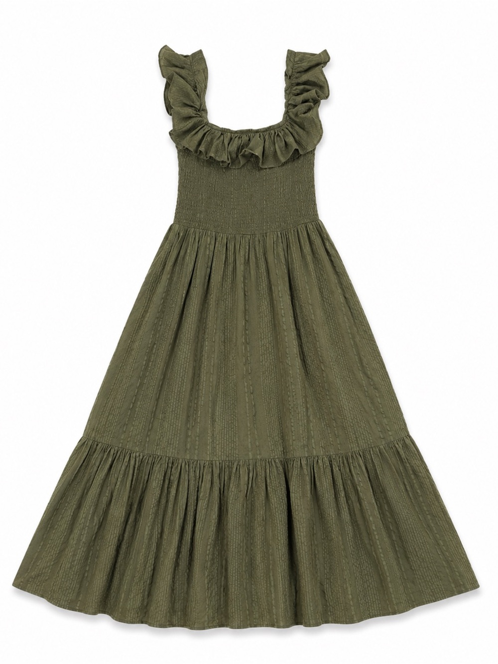 Dotti Olive Ruffle-Shoulder Smocked Maxi Dress